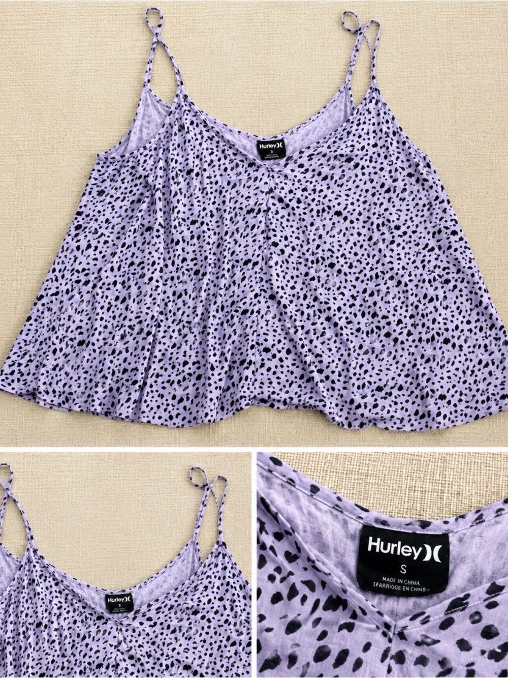 Hurley Lavender Spaghetti Strap Swing Tank Top Animal Print Size Small